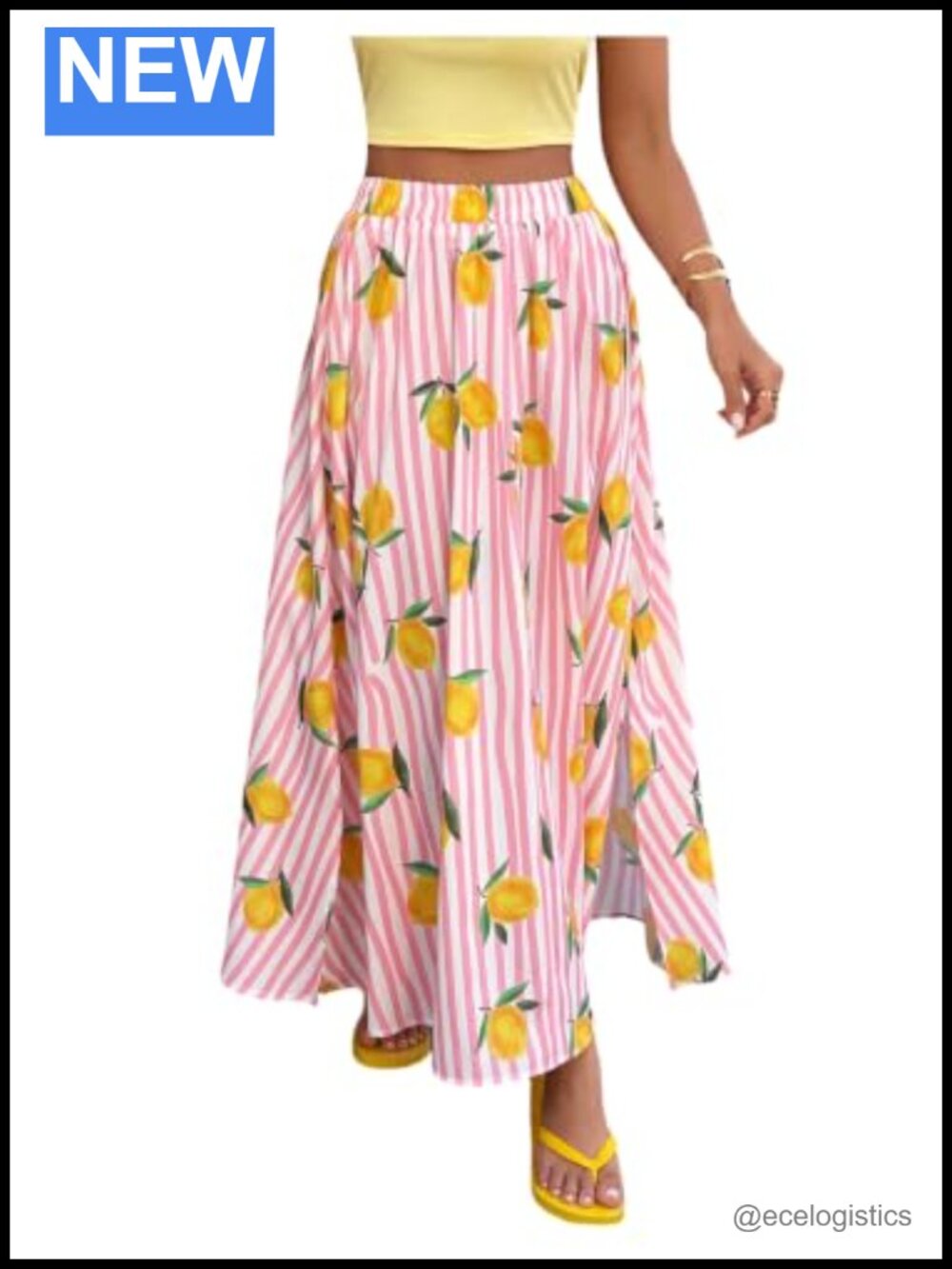 Plus Size Striped Lemon Graphic Maxi Skirt Slit Hem High Waisted A-Line Flowy